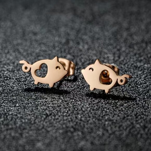 Little Pigs and Hearts Stainless Steel Stud Earrings #1211 - Picture 8 of 10